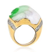David Webb Platinum 18K Carved Jade Two-Tone Diamond Ring