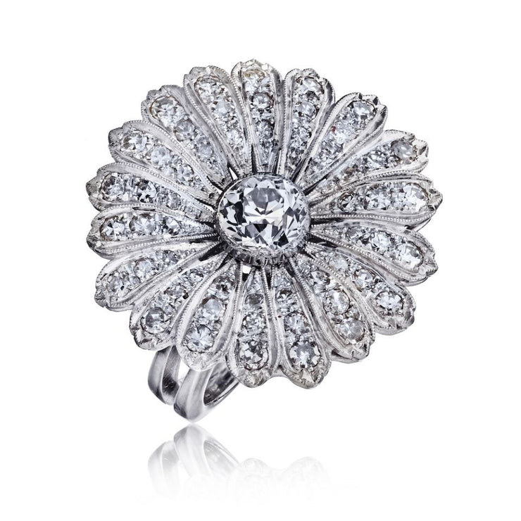 Platinum Art Deco Old European Cut Floral Ring